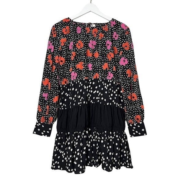 NEW ASOS Floral Polka Dot Tiered Smock‎ Mini Dress Black Orange Pink Size 4 - Picture 1 of 15